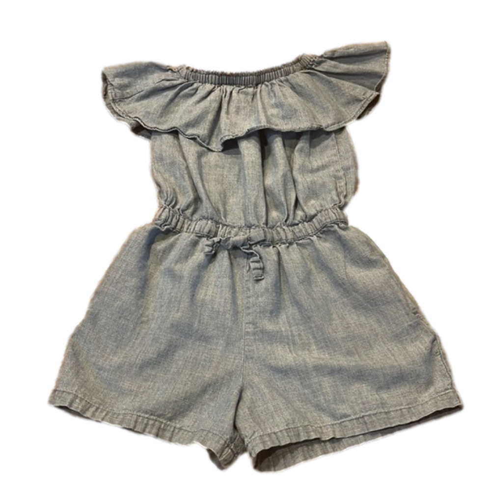 𝅺CREWCUTS chambray denim ruffled collar romper size 5.